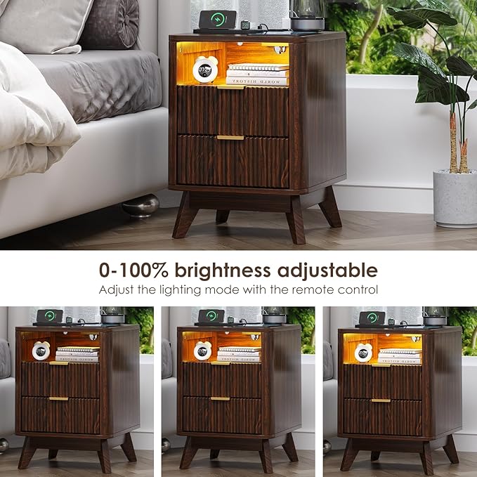 Nightstand with Charging Station, Fluted Nightstand with LED Lights, Modern Rustic Side Table with 2 Storage Drawers, Wooden End Table for Bedroom, Walnut 2pcs