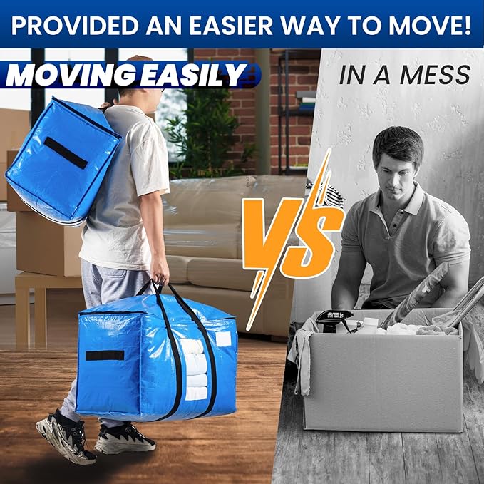 TAILI Extra Large Moving Bags, 10 Pack Blue Heavy Duty Totes for Storage with Visible Window, Wrap Around Handles, Storage Bags for Space Saving, Alternative to Moving Boxes