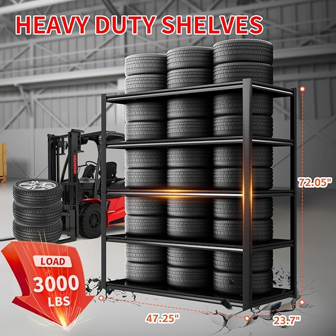 47.2" W x 23.7" D Garage Shelving Heavy Duty Storage Racks 3000LBS Adjustable Metal Shelfs 5 Tier Shelving Units Garage Storage Shelves Industrial Utility Shelf 72" H Tall Shelf for Storage