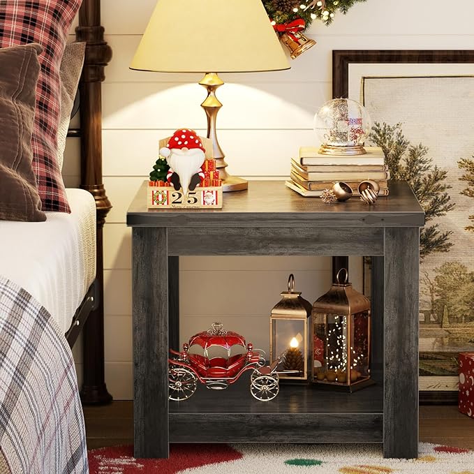 Homieasy End Table, 20 Inch Square End Table, Farmhouse Wood Side Table with Storage Shelf, Industrial Accent Bedside Table for Living Room, Bedroom,Grey Oak