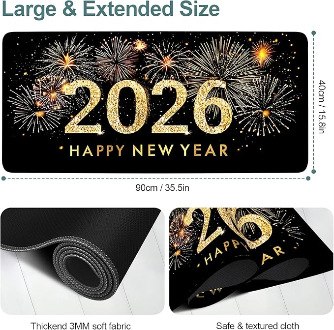 2026 Happy New Year Gaming Mouse Pad 35.4"x15.7"Desk Mat Anti-Slip Rubber Base & Durable Stitched Edges for Gamers Smooth Mouse Writing Surface for Desk Office/Home