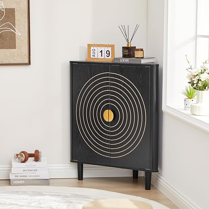 Small Corner Storage Cabinet, Modern Freestanding Floor Cabinet with Magnetic Door Lock and Adjustable Shelves, Small Space Corner Table for Bathroom, Kitchen, Dining Table, Living Room, Black