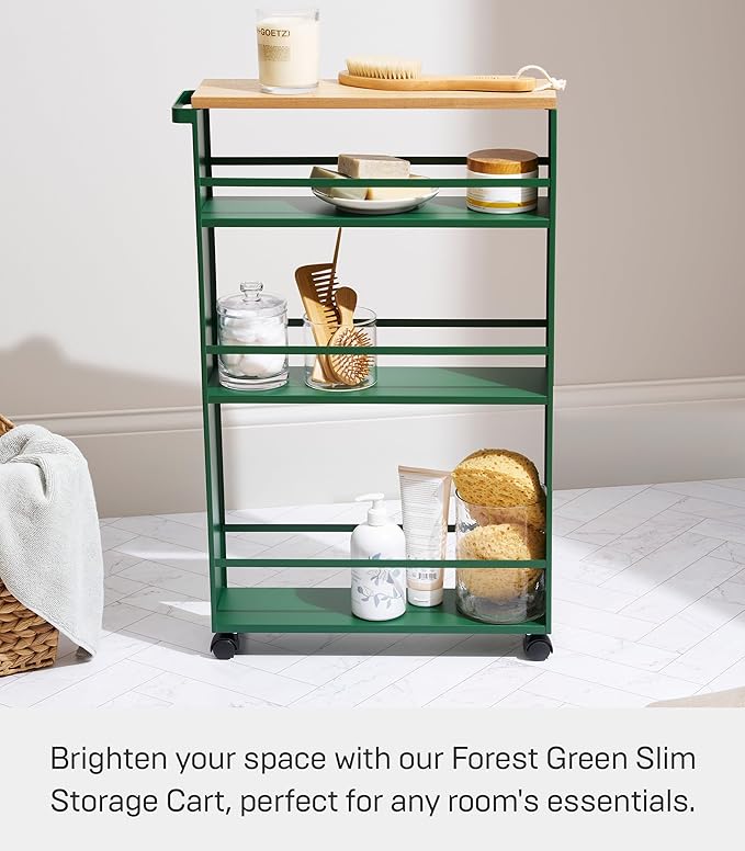 YAMAZAKI Home Slim Rolling Storage Cart – Narrow Kitchen Storage Cabinet with Handle, Slim Storage Cart with Wheels, Easy Assembly, Steel + Wood, Green
