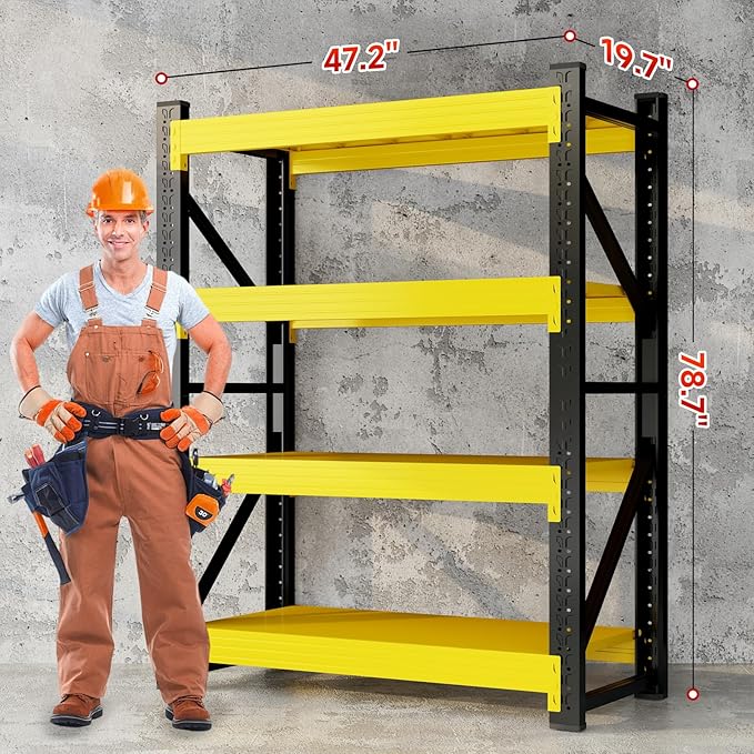 3800LBS Garage Storage Shelves, 47" W Garage Shelving Heavy Duty Adjustable Shelving Unit, 4 Tier Metal Utitly Shelves Industrial Shelving for Warehouses,Basement,Black Yellow