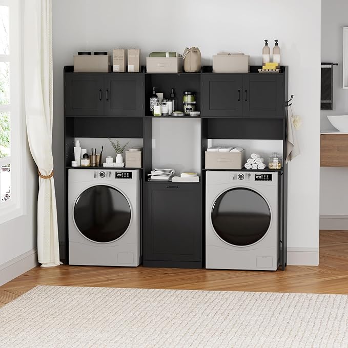 Over The Washer and Dryer Storage Cabinet, Laundry Room Organizer Standing Shelf with Tilt-Out Laundry Hamper Cabinet and Hooks, Space Saving Laundry Room Cabinets