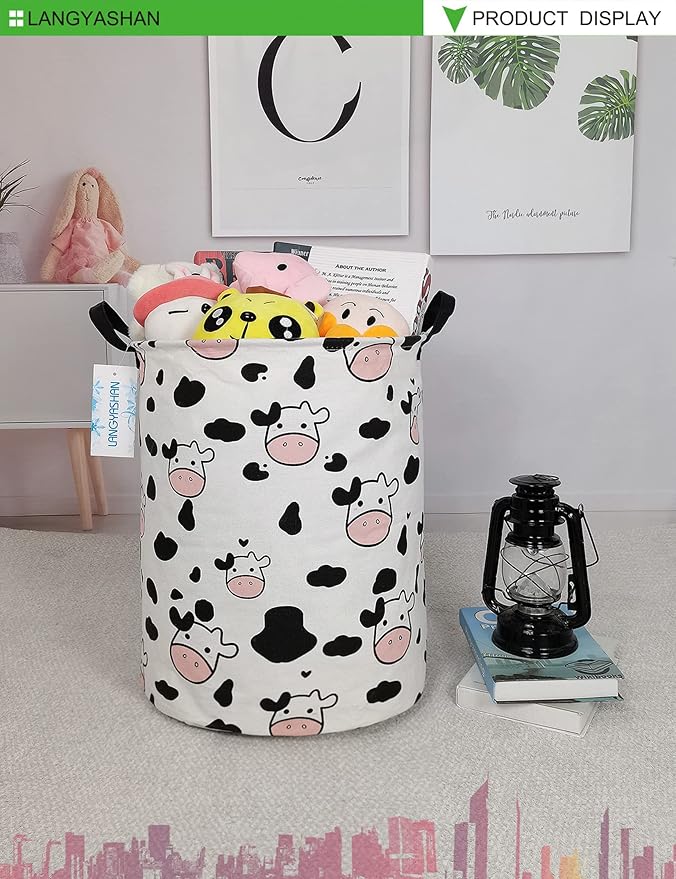 LANGYASHAN Storage Bin, Canvas Fabric Collapsible Organizer Basket for Laundry Hamper,Toy Bins,Gift Baskets, Bedroom, Clothes,Baby Nursery (Spotted Cow)