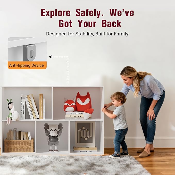 Book Shelf, Wooden Cube Storage Organizer with 11" Open Cubes, Stackable Modular Bookcase for Room Divider Storage, 2 Tier Bookshelf for Living Room, Bedroom, Office (White, 5-Cube)