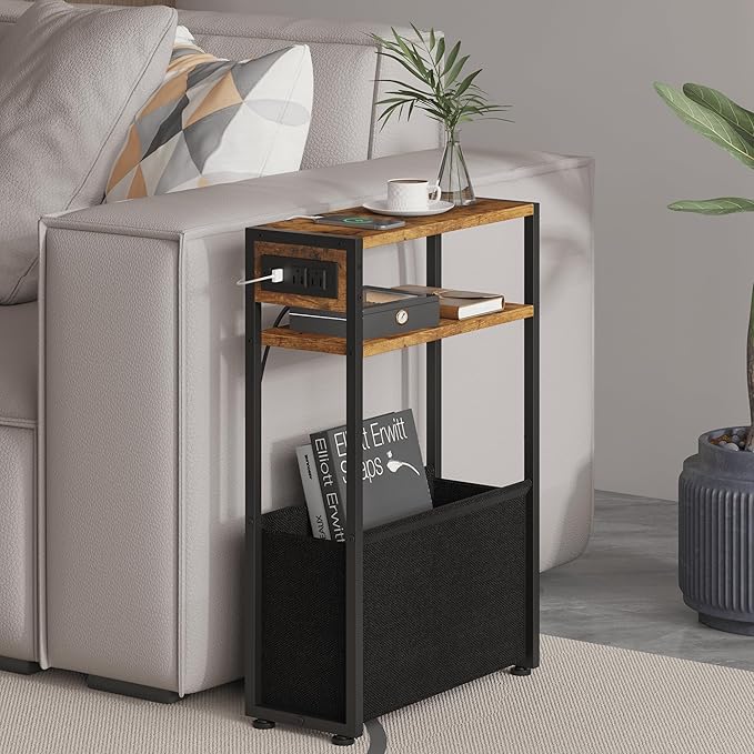 Narrow Side Table, Slim End Tables with Fabric Basket, Skinny Table for Small Spaces, Thin Bedside Table for Living Room, Bedroom (1, Rustic Brown - Outlet)