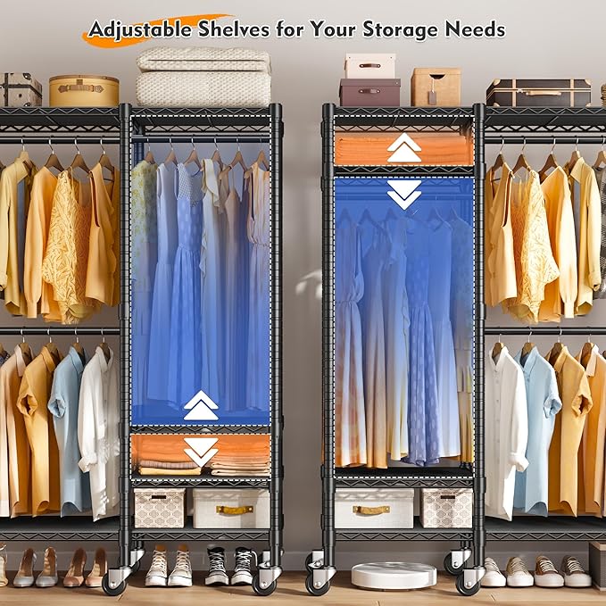 Raybee 79" H Clothes Rack, Clothing Racks for Hanging Clothes, Portable Closet with Wheels and 4 Tiers Adjustable Shelves, Black