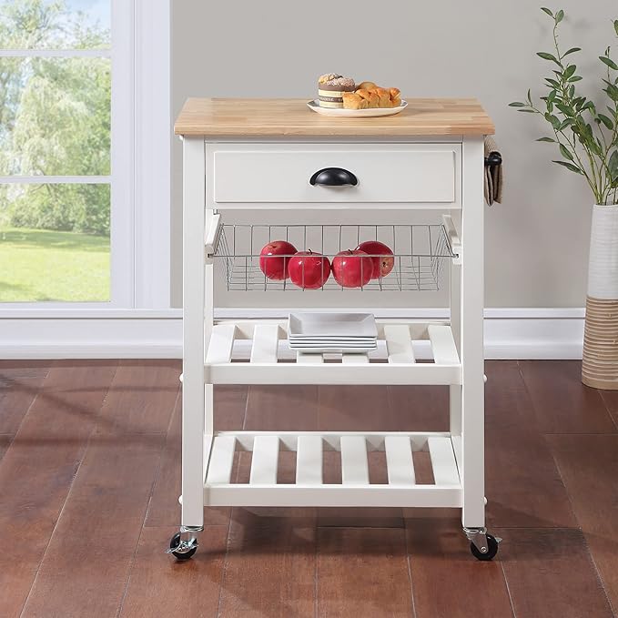 OSP Home Furnishings Hampton Kitchen Cart with Wood Top, Utensil Drawer, Under Cabinet Basket, and 2 Slatted Shelves, White Base