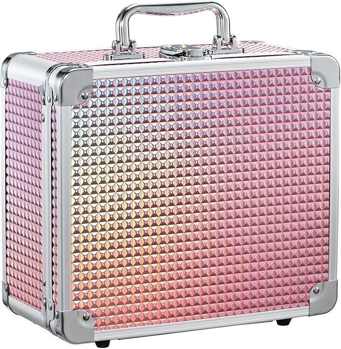 Makeup Case with Magnetic Lighted Mirror Makeup Organizer Box Travel Cosmetic Case with 3 Colors LED Mirror Portable Vanity Make up Suitcase with Lockable Keys Dividers Brush Holder Shiny Pink
