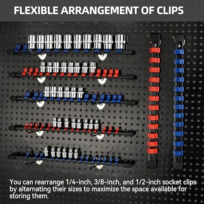 Socket Organizer Drive ABS Tools - Blue Socket Holder, Premium Quality 12 Pieces Socket Holders Kit 1/4-Inch x 64 Clips, 3/8-Inch x 60 Clips, 1/2-Inch x 48 Clips（12PC,Blue)