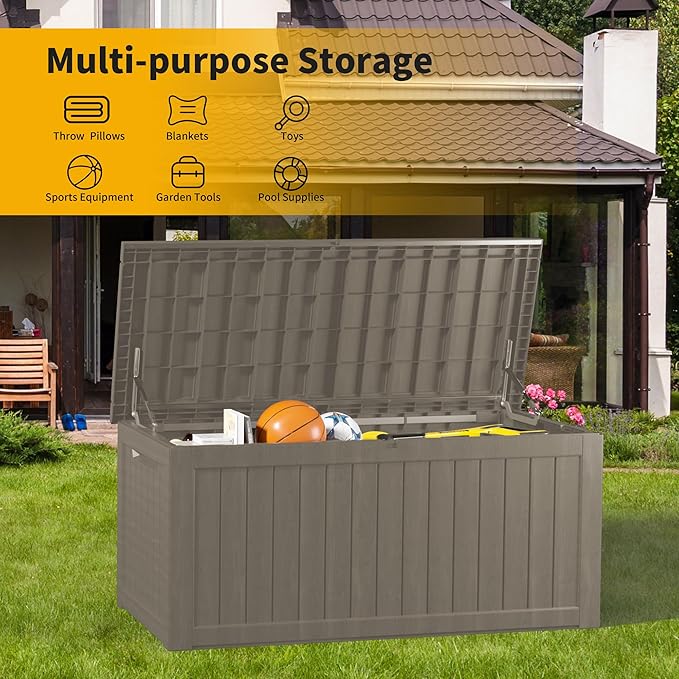 270 Gallon Deck Box, Resin Outdoor Indoor Waterproof Storage Box, Lockable Storage Box With Handle for Patio Furniture - Garden Tools - Swimming Pool Tools UV-Resistant - Grey