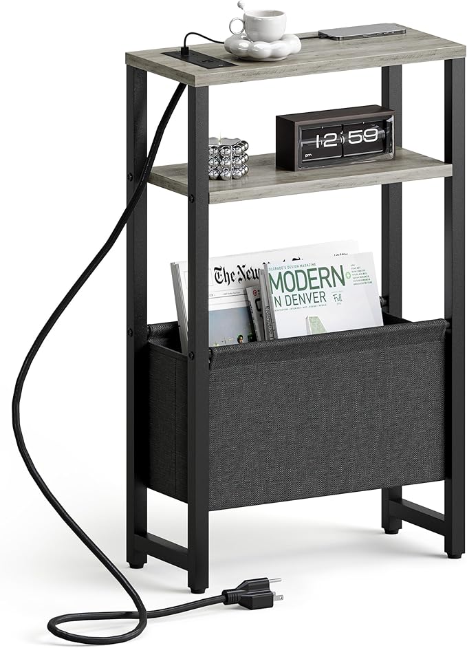 Narrow Side Table with Charging Station Slim End Table Sofa with Magazine Rack, Bedside Table for Small Spaces, 3 Tier Nightstand for Living Room Couch, Bedroom Oak Grey LET503QE