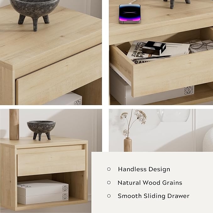 Mid Century Modern Floating Nightstand Set of 4, Wall Mounted End Table with Drawer and Open Compartment Wooden Bedside Night Stand Small Storage Cabinet for Bedroom, Light Oak