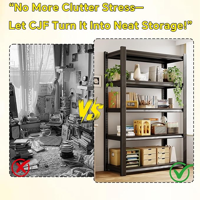 CJF Adjustable Garage Storage Shelves, 5-Tier Garage Shelving Heavy Duty, Metal Industrial Utility Shelf for Warehouse, Kitchen, Laundry Room,Warehouse-Black (71 "H x 47" W x 20" D)