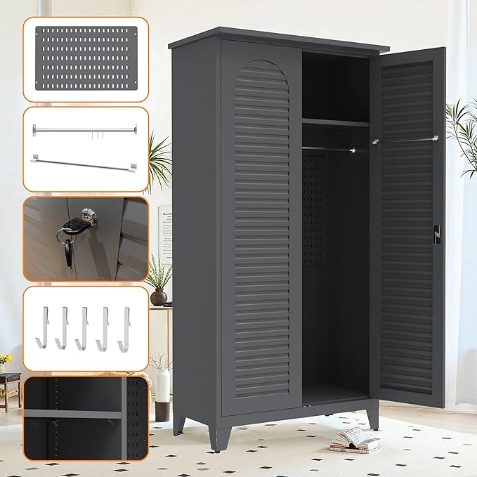 Tall Metal Tool Storage Cabinet with Shelves and Pegboard, 72.8” Steel Organizer Cabinet for Garage Workshop Warehouse Utility Room, Wall-Mountable Heavy Duty Storage Locker