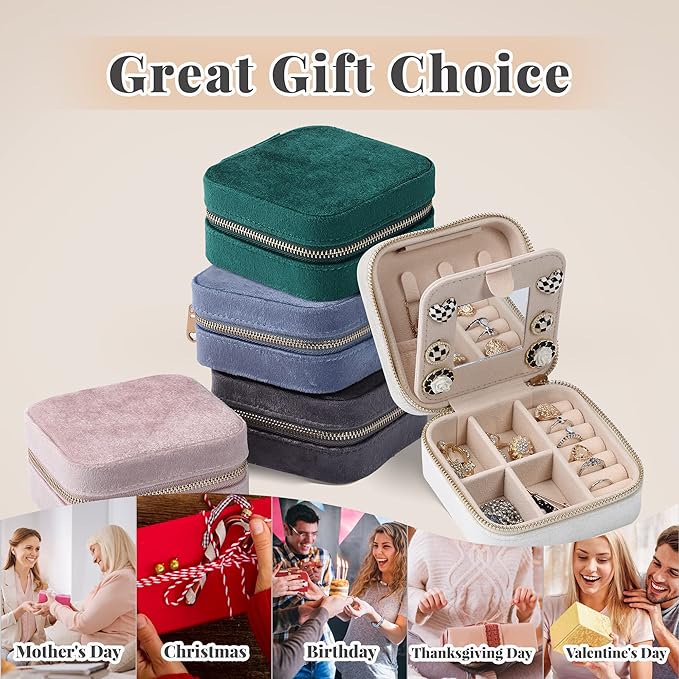 Dajasan Velvet Jewelry Box, Mini Travel Jewelry Case, Portable Travel Jewelry Organizer with Mirror for Birthday Mother's Day Valentine's Day(Beige)