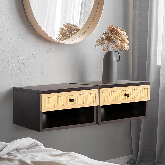 JONATHAN Y NST2000A Celerie 15.71" Mid-Century Modern Floating Wall Mounted Nightstand with Soft-Close Rattan Drawer and Cable Hole, Black/Light Oak