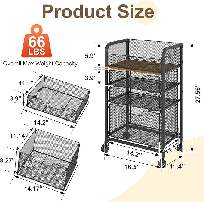 4-Tier Rolling Utility Cart with 3 Drawers - Craft Organizers and Storage with 360° Lockable Wheels,Art Supply Storage Organizer for Art Supplies, Store for Brushes & Paints & Artifacts Small Parts