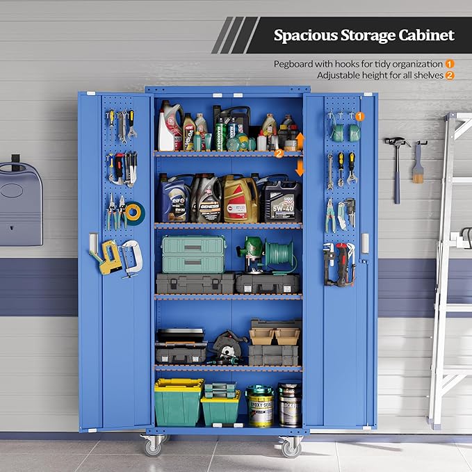 VINGLI 72'' Tall Metal Garage Storage Cabinet with Pegboards, Wheels, Locking Doors and Adjustable Shelves, File Cabinet/Tool Cabinet for Home Office/School (Blue, 32W x 16D x 72H)