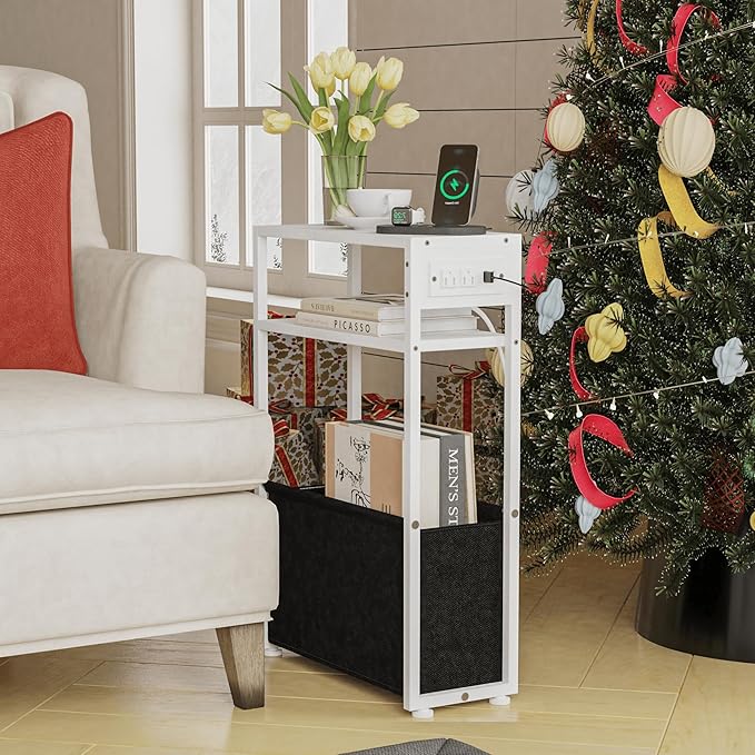 White Side Table with Charging Station, Slim End Tables with Fabric Basket, Skinny Table for Small Spaces, Thin Bedside Table for Living Room, Bedroom