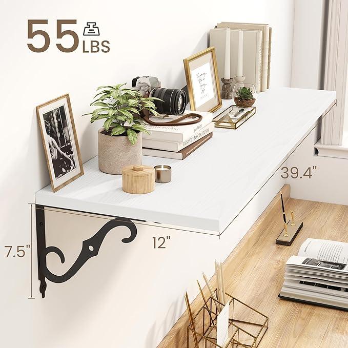 Fun Memories 40 Inch Floating Shelves Wall Mounted, 12 Inch Deep Wall Shelves with Bracket, Rustic Hanging Bookshelf, 40" Bookshelves for for Living Room, Kitchen and Bedroom, White, Set of 2