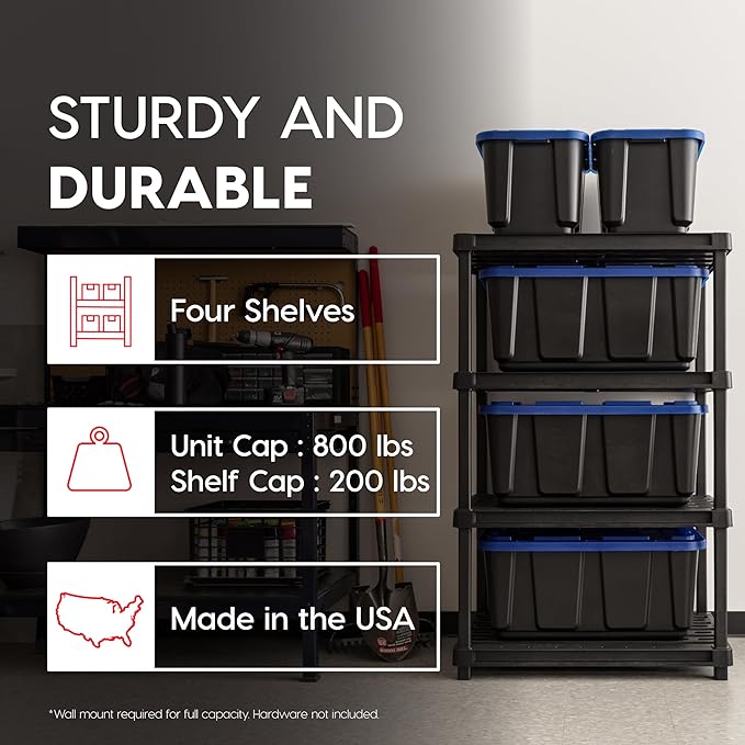 IRIS USA 4-Shelf Extra Heavy Duty Deep Plastic Storage Shelves, 800lb Capacity, 57" H x 36" W x 24" D, Large Modular Shelving Unit Storage Organizer for Garage, Home, Warehouse & Gym, Rack - Black