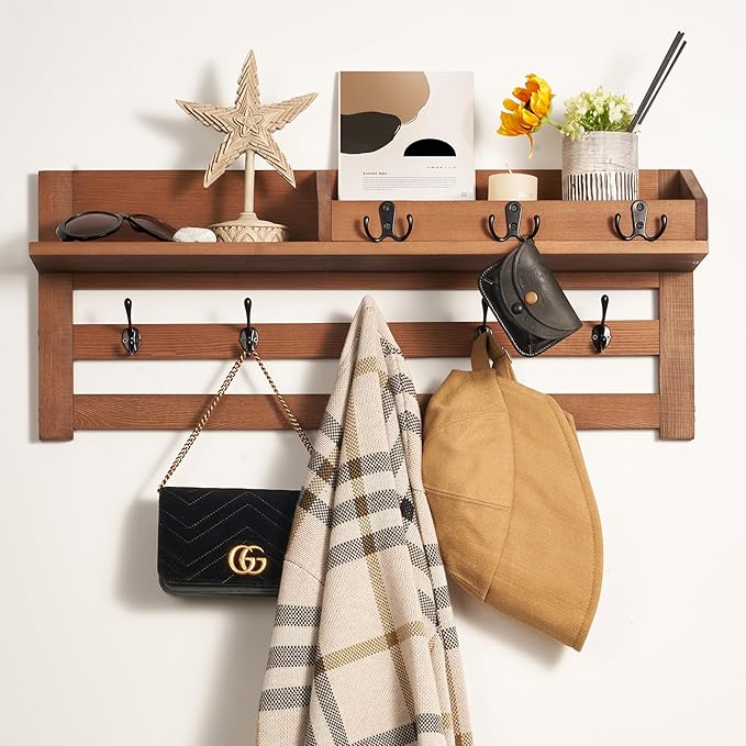 Coat Rack Wall Mount with Hooks & Shelf - Wooden Entryway Organizer for Hanging Coats, Keys, Hangers - Space Saving Durable Wood Holder for Hallway, Bedroom, Office-The Essential Model