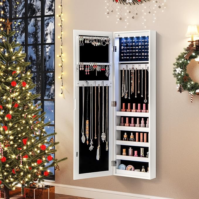 Giantex Wall or Door Mounted Jewelry Cabinet with Full Length Mirror, Over The Door Jewelry Armoire Organizer with Lights, Large Storage with Necklace Hooks, Earring Slots & Shelves (White)