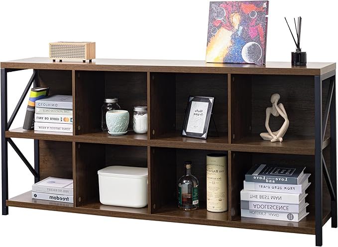 otlectics 2-Tier Bookcase with 8 Cubes, 63 Inch Industrial Horizontal Bookshelf, Home Office Storage Cabinet Organizer with Metal Legs, Brown