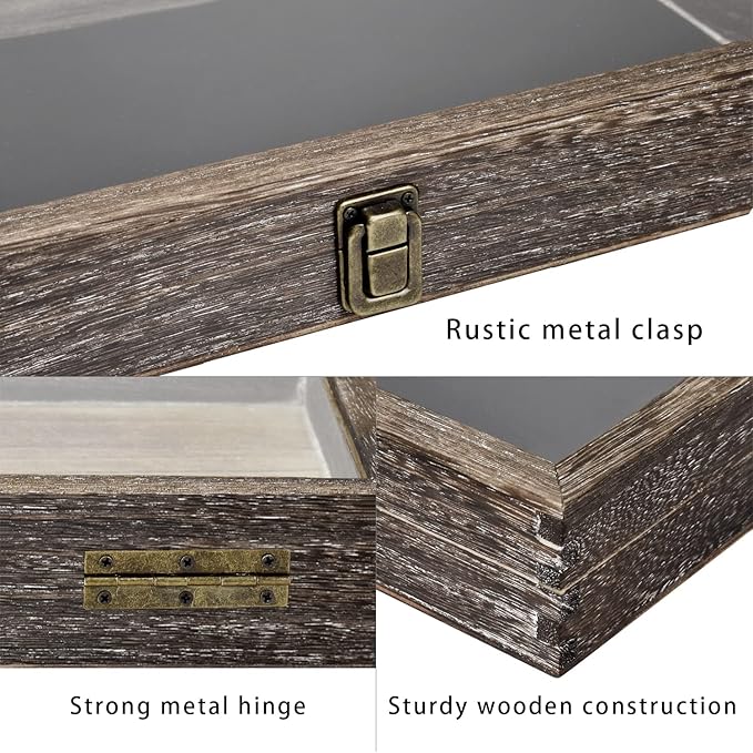 MOOCA Wooden Jewelry Display Case Tempered Glass Top Lid, Gemstone Display Case with Metal Clasp and Removable Black Luxurious MDF Velvet Jewelry Pad, Coffee Color