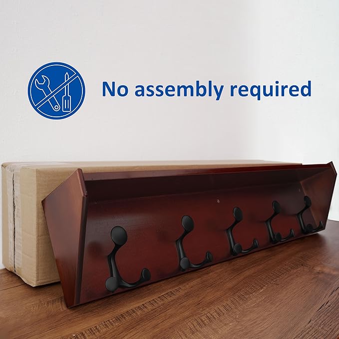 WEBI Wall Shelf with Hooks Underneath,35” Long Wall Mounted Coat Rack with Shelf,Entryway Coat Rack with 5 Triple Hooks for Hanging Coats,Jacket,Hallway,Bedroom,Mudroom,Cherry