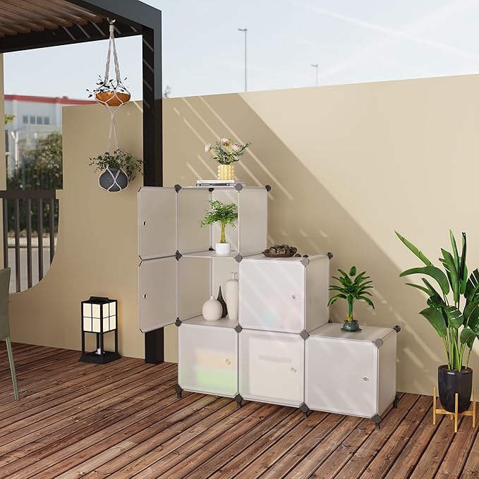 Cube Storage Organizer, 6-Cube Shelves Unit with Doors, DIY Stackable Plastic Clothes Organizer for Bedroom and Under Stairs Storage Unit, 30 x 30 x 30 cm Frosted White ATTSL6003