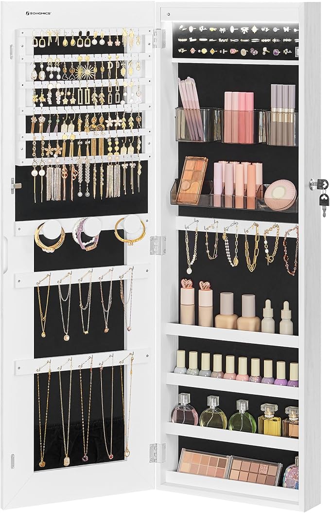 SONGMICS LED Mirror Jewelry Cabinet Armoire, Wall or Door Mounted Jewelry Storage Organizer, Hanging Lockable Frameless Mirror Cabinet with 2 Plastic Cosmetic Organizers, Christmas Gift Idea, White
