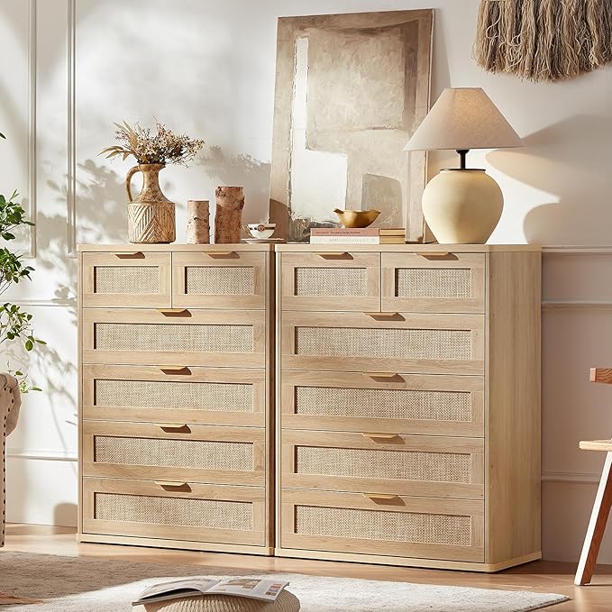 LEYAOYAO Rattan Dresser for Bedroom, 42" Tall Chest of Drawers, Modern 6 Drawers Boho Dressers with Storage, Light Oak Dresser Wooden Closet Organizer for Living Room, Hallway, Natural Wood
