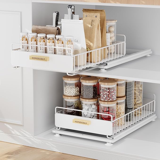 Under Sink Organizer, 2 Pack Pull Out Kitchen Cabinet Organizer, Mute Slide-Out Under Sink Organizers and Storage, Metal Kitchen Bathroom Organizers and Storage Shelves, White