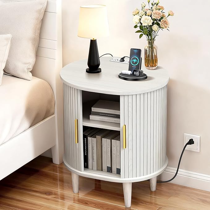 Nightstand with Charging Station, Fluted Accent Side Table with Sliding Door & Adjustable Shelf, Mid-Century Modern End Table for Small Space, Living Room, Bedroom (1, White)