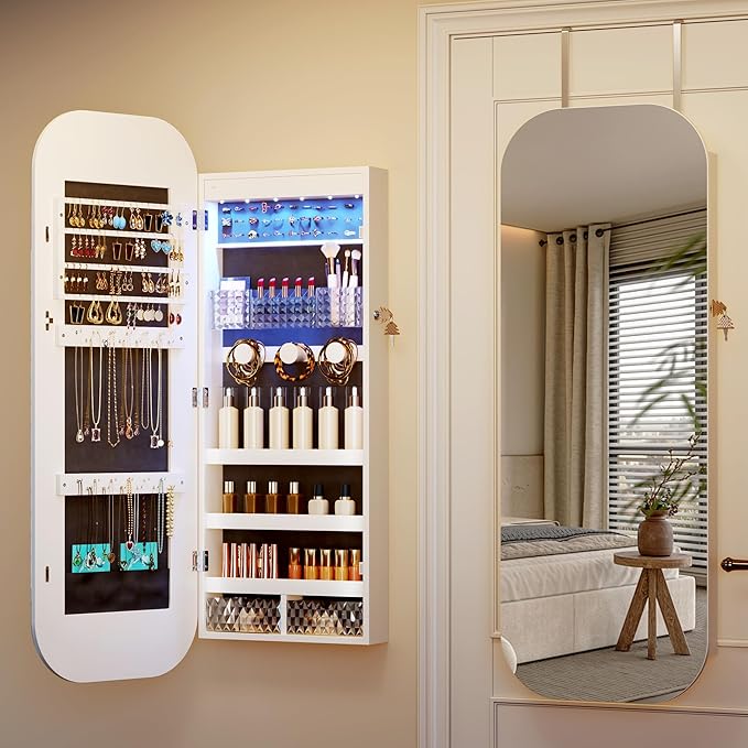LVSOMT Round Mirror Jewelry Cabinet Door Hang, Jewelry Armoire with Mirror Wall Mounted, Hanging Mirror Jewelry Organizer, Full Length Mirror with Jewelry Storage, White