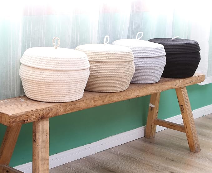 Sea Team Round Cotton Rope Storage Basket with Lid, Decorative Woven Storage Bin, Pot, Caddy, Organizer, Container for Snacks, Towels, Plants, 13 x 9 Inches (Large, White)