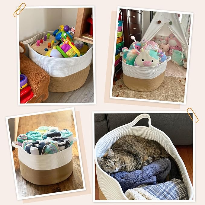 INDRESSME XXXLarge Jute Rope Basket 21.7" x 21.7" x 13.8" Woven Baby Laundry Baskets for Blankets Toys Storage Basket with Handle Comforter Cushions Storage Bins Thread Laundry Hamper