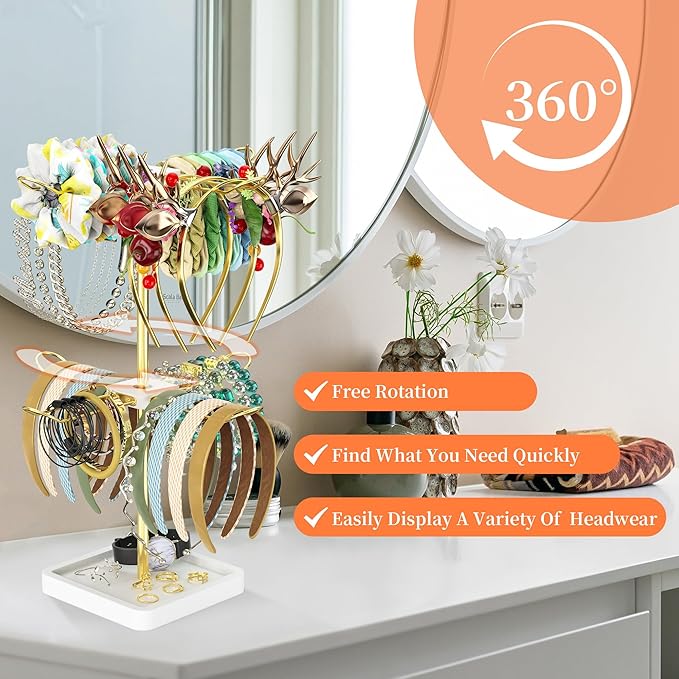Rotatable Headband Organizer, 2 Tier Head Tie Holder, Hair Hoop Display Stand, Wooden Head Band Storage with 8 Metal Brackets, Scrunchie Rack for Bracelet, Jewelry, Claw Clip (White)
