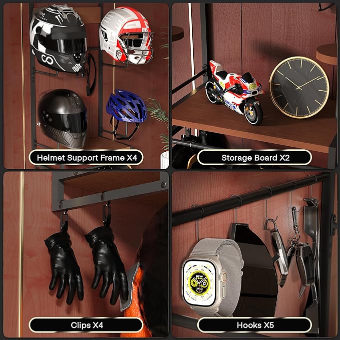 Motorcycle Helmet Holder Wall Mount, Rustic Helmet Rack With 4 Hat Stands and 2 Wooden Shelves, Motor Gear Accessories Storage for Men, 4 Clips, 5 Hooks for Glove Key Jacket Hanging
