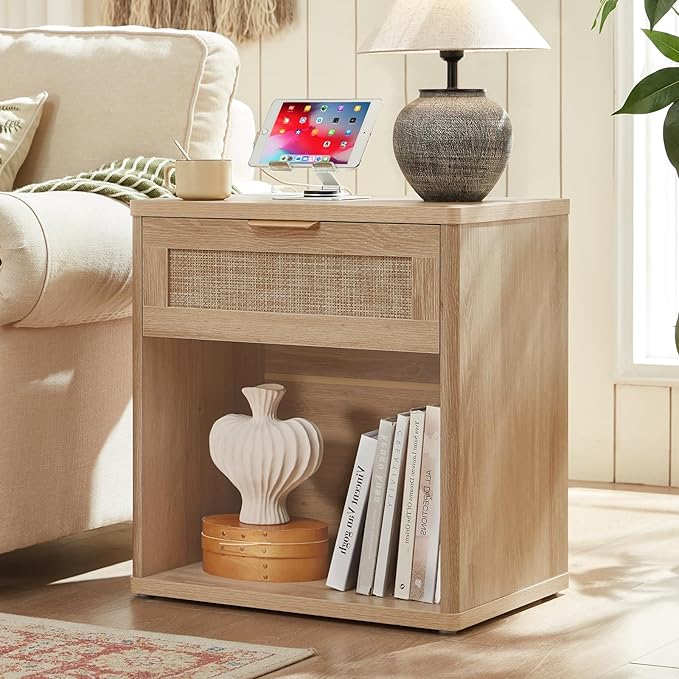 LEYAOYAO Rattan Nightstands Set of 2 with Charging Station, Natural Wood Night Stand with Drawer, 23" Wide Boho Bedside Table with Storage Shelf, Bed Side End Tables for Bedroom, Living Room, Hallway