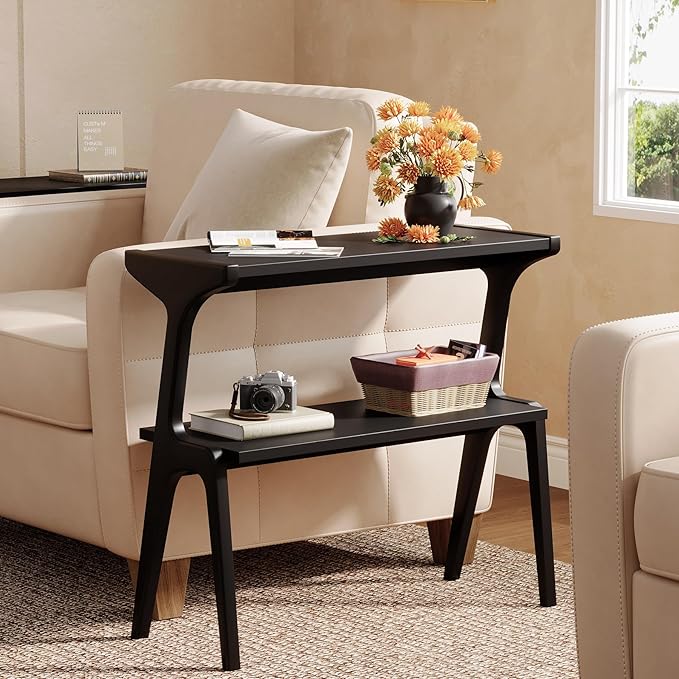 Set of 2 Solid Wood End Table, 2-Tier Side Table with Storage Shelf, Wooden Modern Accent Slim Bedside Table for Sofa, Living Room, Bedroom, Small Space, Easy Assembly, Black