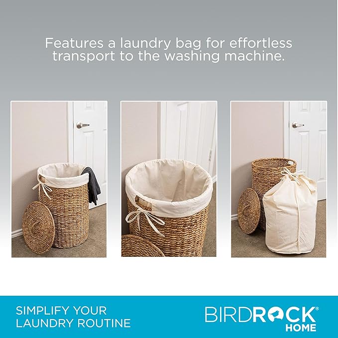 BIRDROCK HOME Seagrass Laundry Hamper with Lid & Liner - Handwoven Round Basket with Handles for Laundry/Dirty Clothes - Organizer, Storage, Shelves, Bin in Bathroom, Bedroom & Laundry Room - Natural