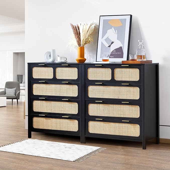 4 Drawer Dresser with Rattan Finish, Modern Farmhouse Chest of Drawers with Metal Handles, Accent Wood Storage Cabinet for Bedroom, Living Room (Black-4 Drawers)