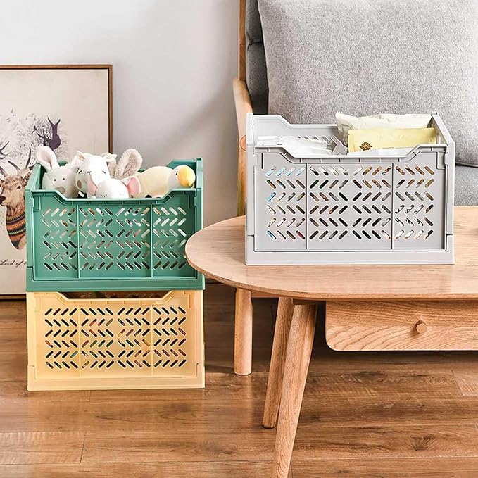 Domiella 2-Pack Crates for Storage, Storage Crates Plastic Stackable, Foldable Crate for Office Home Kitchen Bedroom Bathroom (Tall, Gray)
