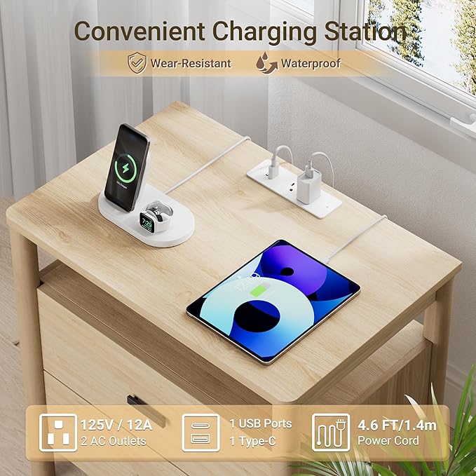 Night Stand Set of 2 with Charging Station, 24" Large Modern Side Table with Solid Round Post Legs, 2 Drawers End Table with Open Shelf, Nightstand for Bedroom, Natural Oak