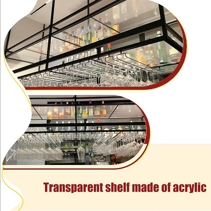 31.4IN Acrylic Ceiling Wine Glass Rack with Transparent Shelves, Hanging Wine Rack with Glass Holder and LED lights, 2 Layer Ceiling Bottle Holder Shelf for Bar Kitchen Decorate (31.4in/80cm)